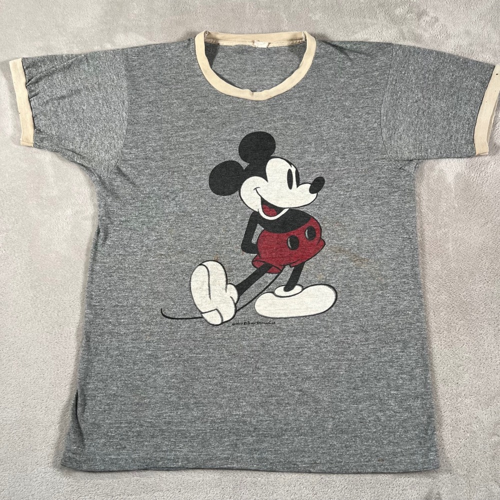 Vintage Walt Disney Productions Mickey Mouse Ringer T-Shirt Gray Tri-Blend Large